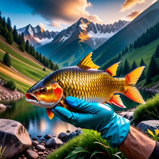 Photo of a carp in a gloves in the mountains