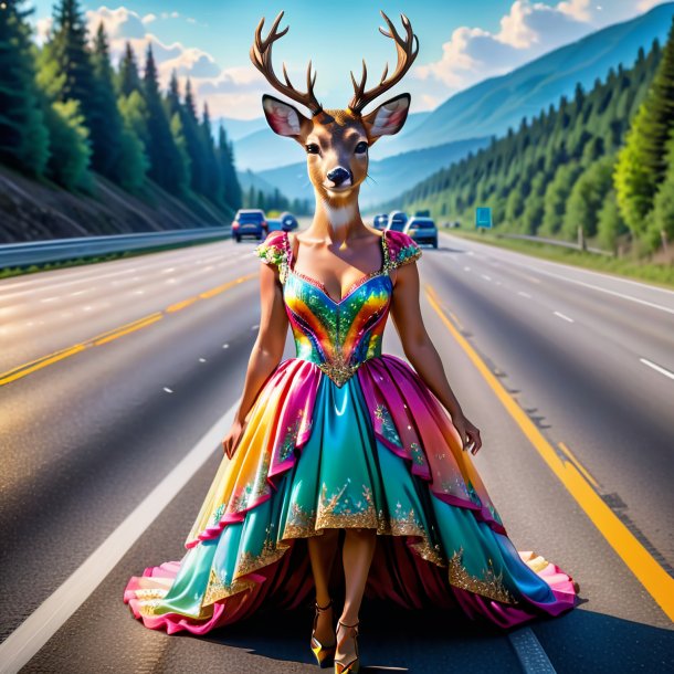 Foto de un ciervo en un vestido en la carretera