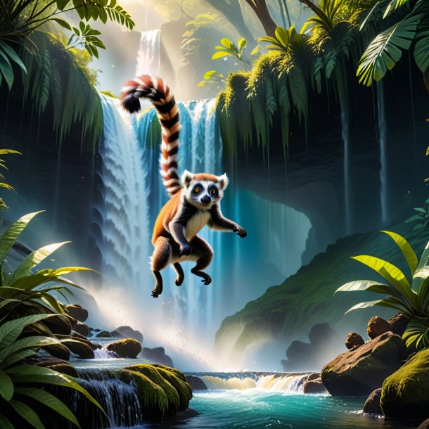 Photo of a jumping of a lemur in the waterfall