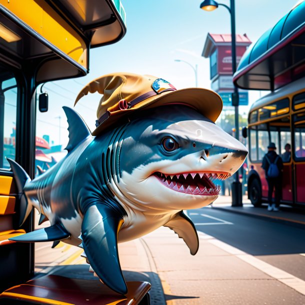 Imagem de um tubarão em um chapéu no ponto de ônibus