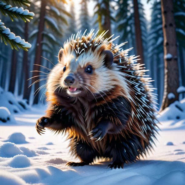 Photo of a dancing of a porcupine in the snow