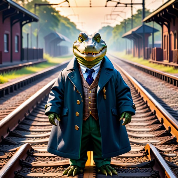 Image of a alligator in a coat on the railway tracks