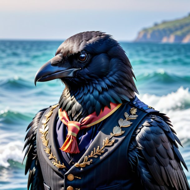 Image of a crow in a vest in the sea