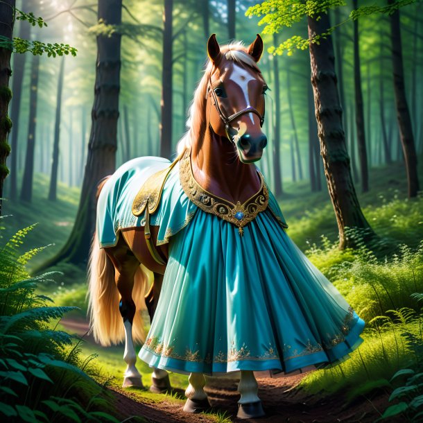 Photo of a horse in a dress in the forest