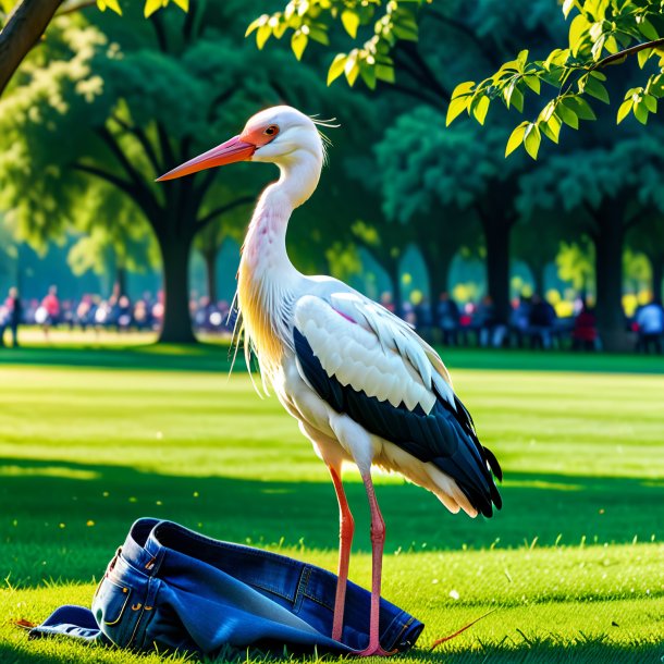 Image of a stork in a jeans in the park