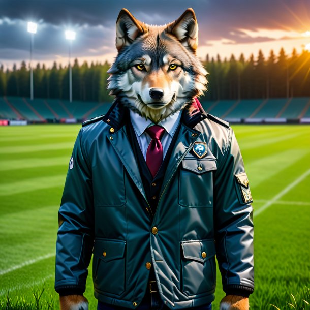 Image of a wolf in a jacket on the field