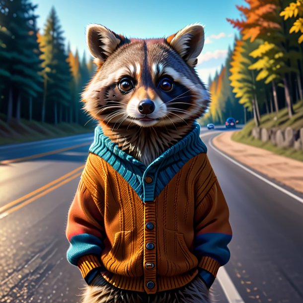 Drawing of a raccoon in a sweater on the road