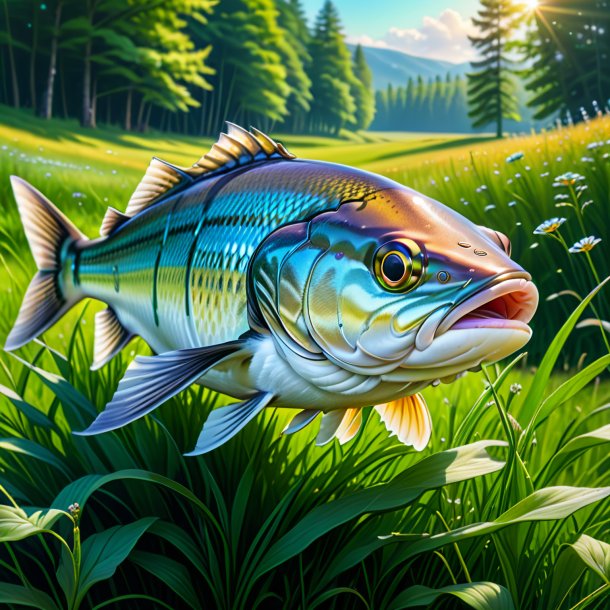 Drawing of a haddock in a cap in the meadow