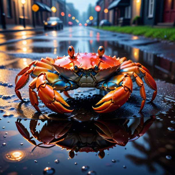 Picture of a crab in a gloves in the puddle