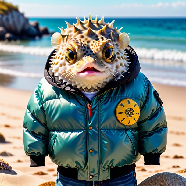 Picture of a pufferfish in a jacket on the beach