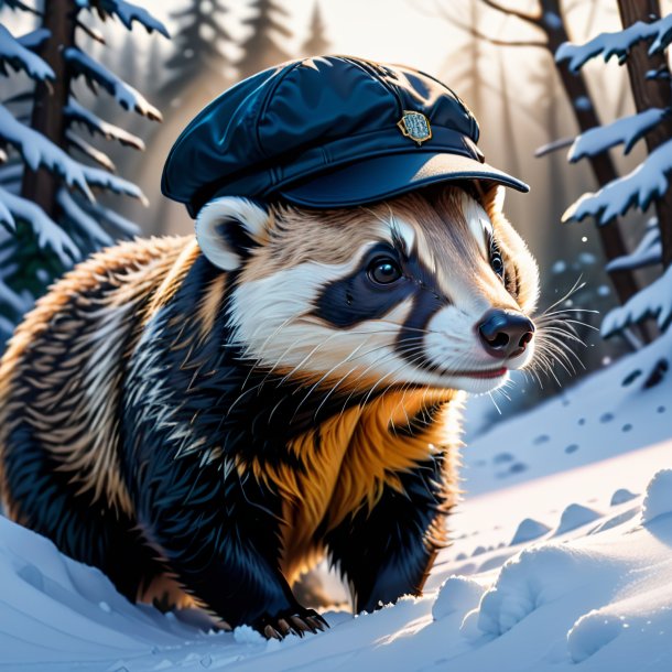 Drawing of a badger in a cap in the snow