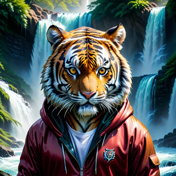 Image of a tiger in a hoodie in the waterfall