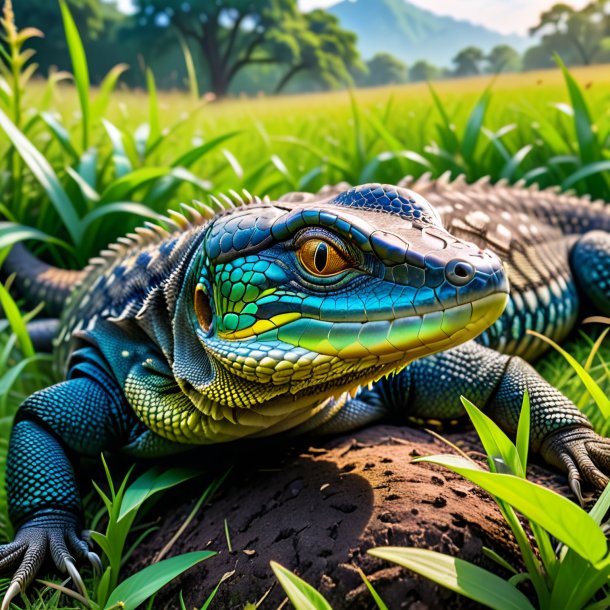 Foto de un sueño de un lagarto monitor en el prado