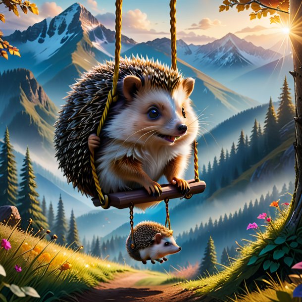 Image of a swinging on a swing of a hedgehog in the mountains