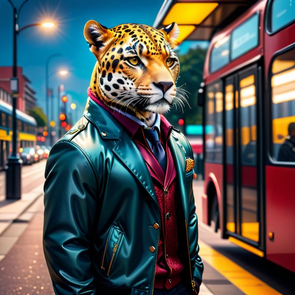 Imagem de um jaguar em uma jaqueta no ponto de ônibus