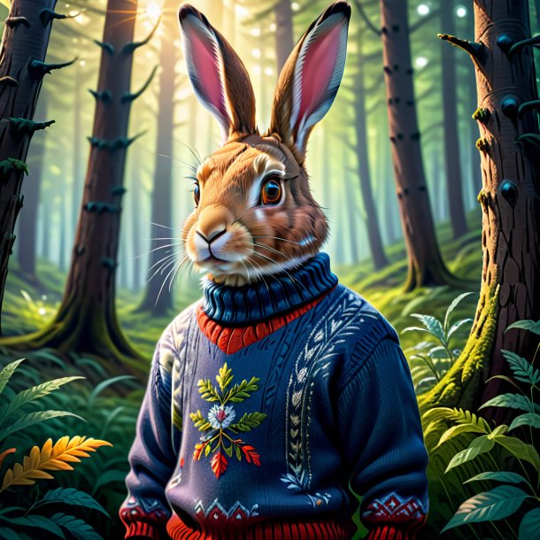 Illustration of a hare in a sweater in the forest