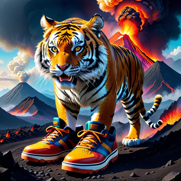 Illustration of a tiger in a shoes in the volcano