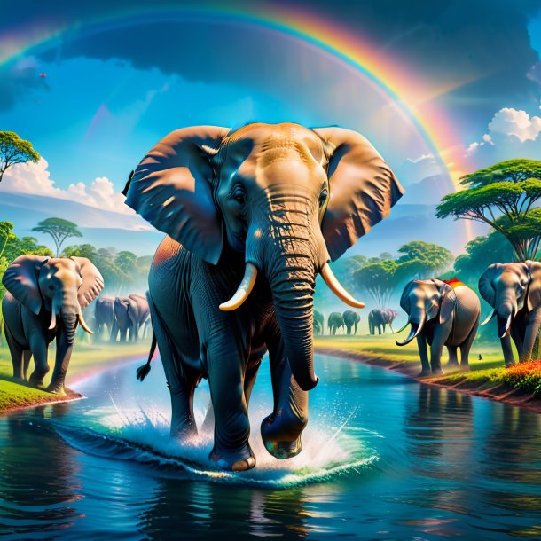 Image of a swimming of a elephant on the rainbow