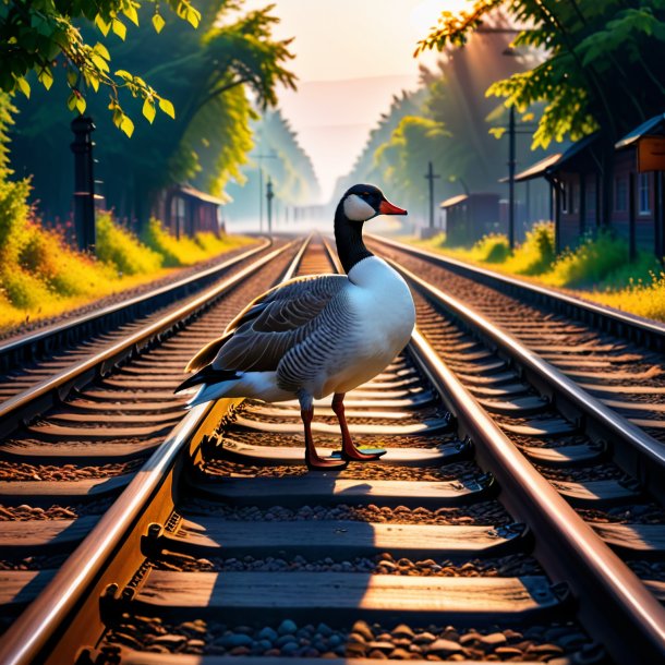 Foto de una espera de un ganso en las vías del tren