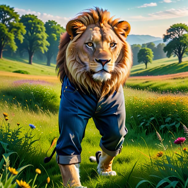 Photo of a lion in a trousers in the meadow