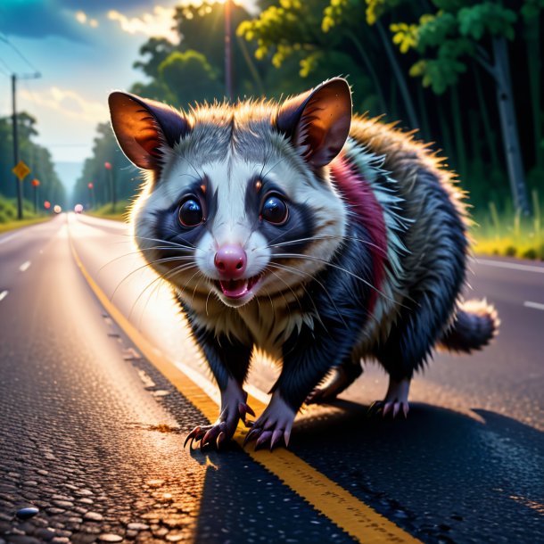 Image of a crying of a possum on the road