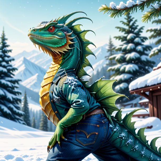 Desenho de um basilisk em um jeans na neve