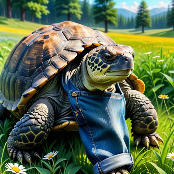 Picture of a tortoise in a jeans in the meadow