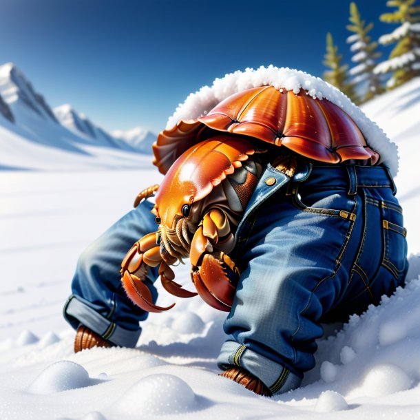 Drawing of a hermit crab in a jeans in the snow