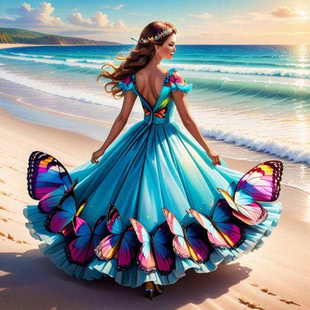 Ilustración de una mariposa en un vestido en la playa