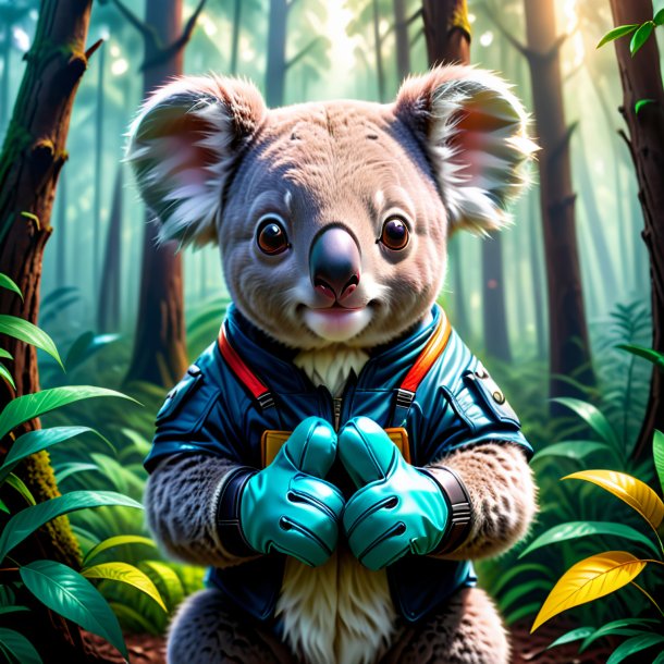 Illustration of a koala in a gloves in the forest