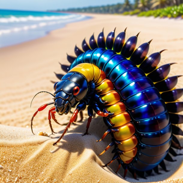 Image d'un centipede dans un gilet sur la plage