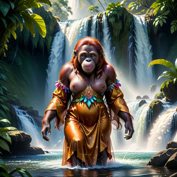 Illustration of a orangutan in a dress in the waterfall