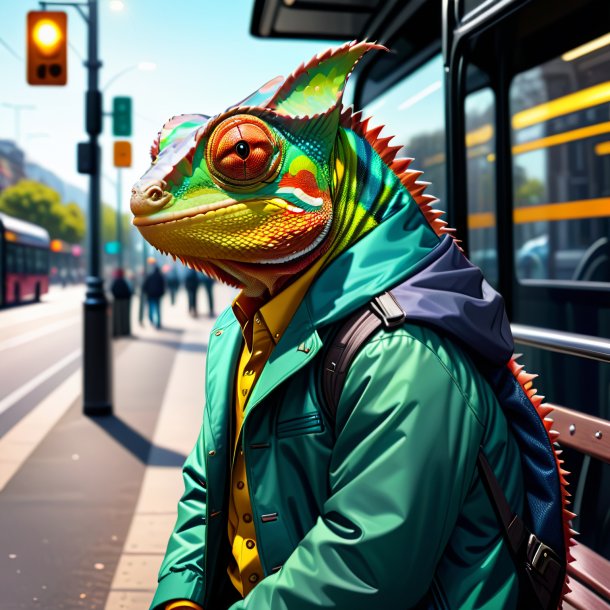 Drawing of a chameleon in a jacket on the bus stop