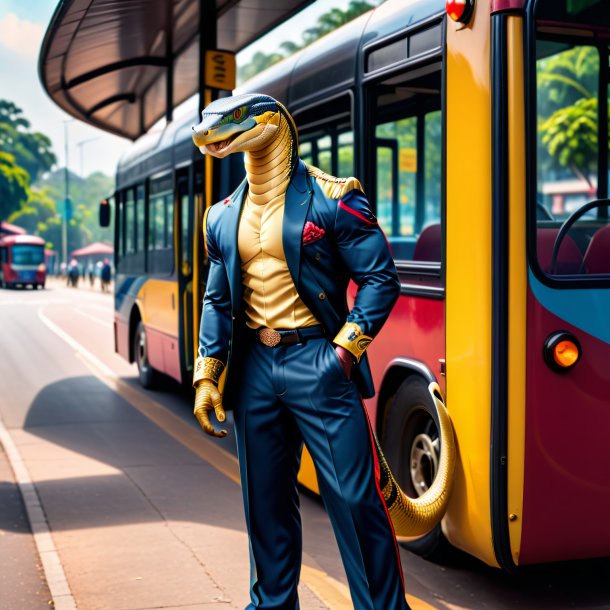 Imagem de uma cobra rei em uma calça no ponto de ônibus