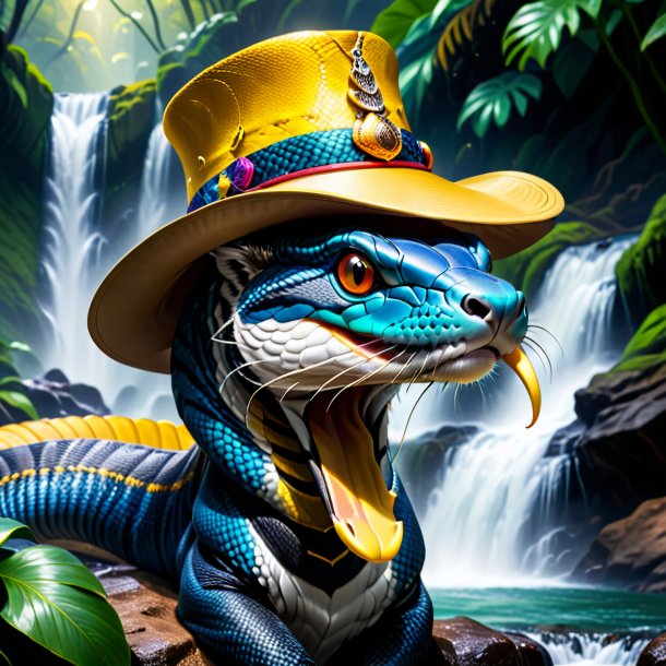 Picture of a king cobra in a hat in the waterfall