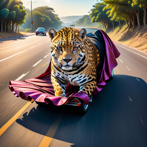 Drawing of a jaguar in a skirt on the road