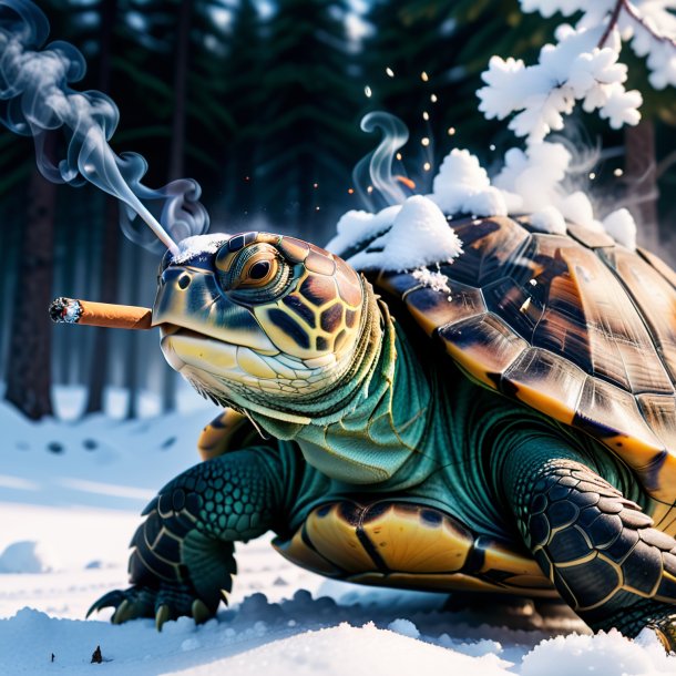 Photo of a smoking of a turtle in the snow