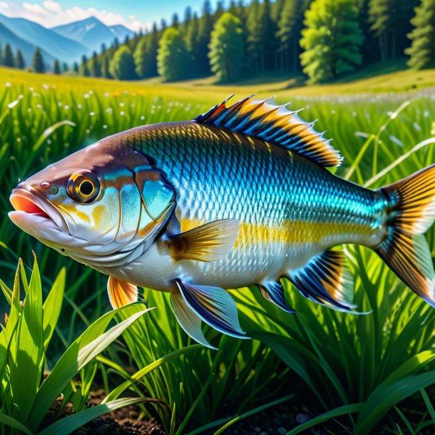 Photo of a fish in a vest in the meadow