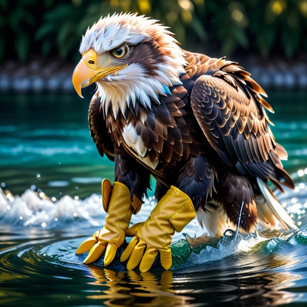 Image of a eagle in a gloves in the water