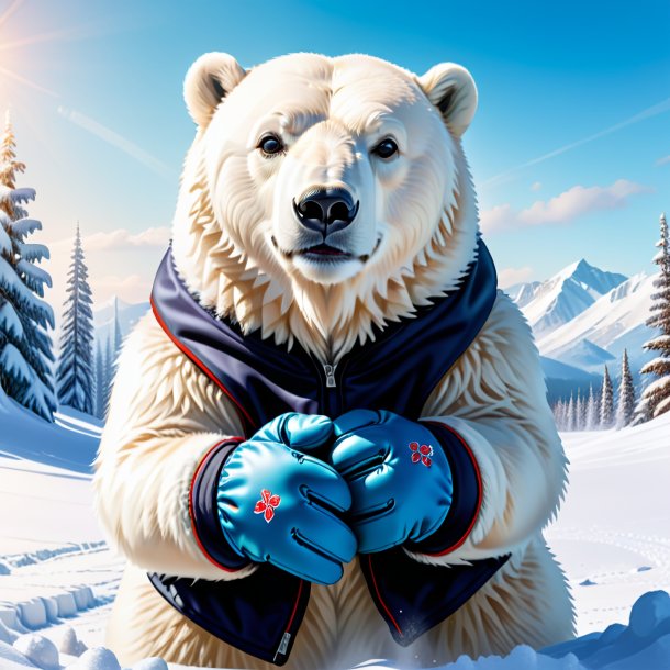 Drawing of a polar bear in a gloves in the snow