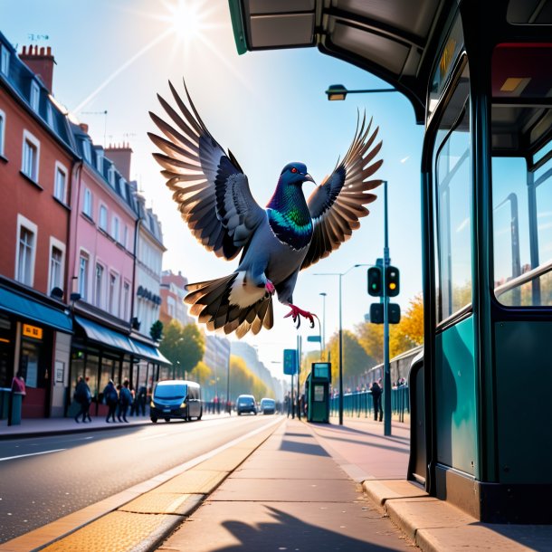 Photo d'un saut d'un pigeon sur l'arrêt de bus