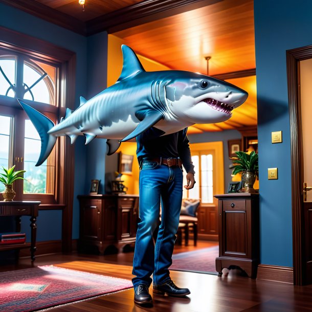 Photo of a hammerhead shark in a jeans in the house