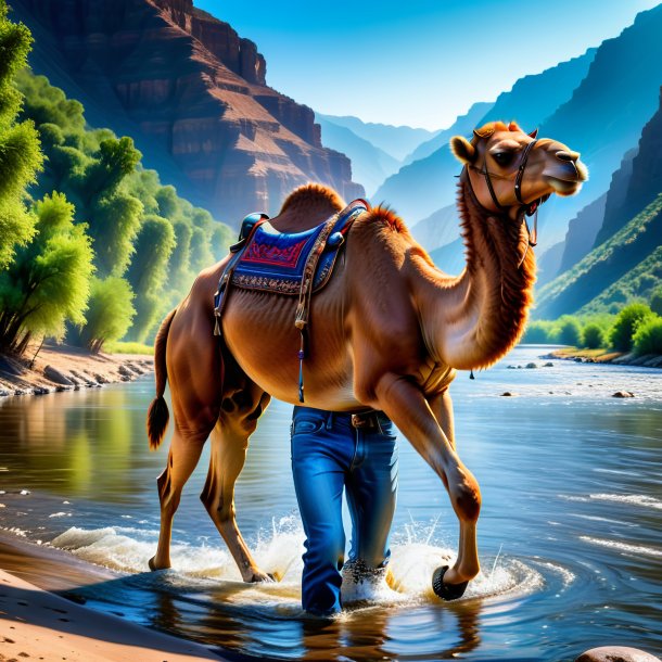 Photo of a camel in a jeans in the river