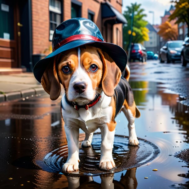 Foto de um beagle em um chapéu na poça