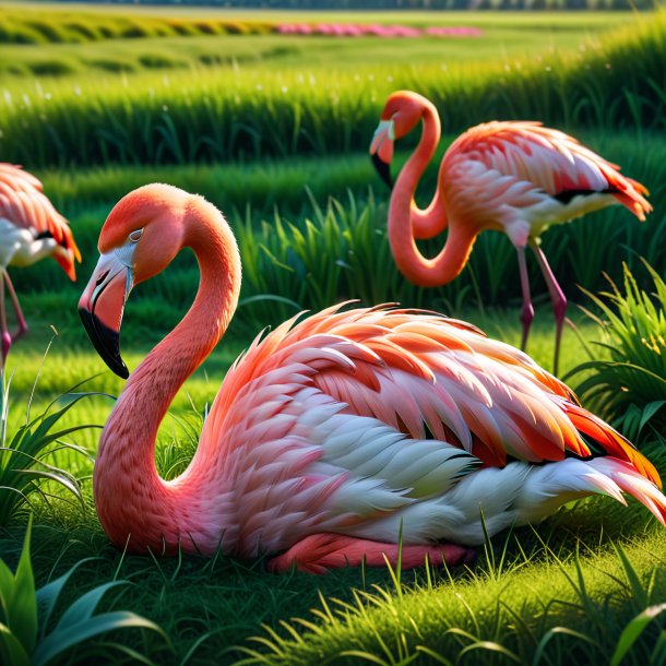 Photo of a sleeping of a flamingo in the meadow