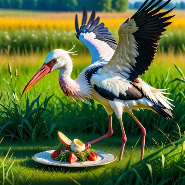 Photo d'un repas d'une cigogne dans la prairie