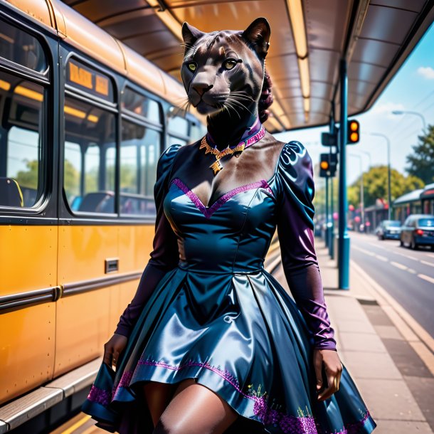 Foto de uma pantera em um vestido no ponto de ônibus