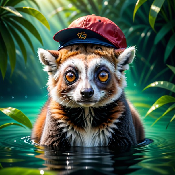 Photo of a lemur in a cap in the water