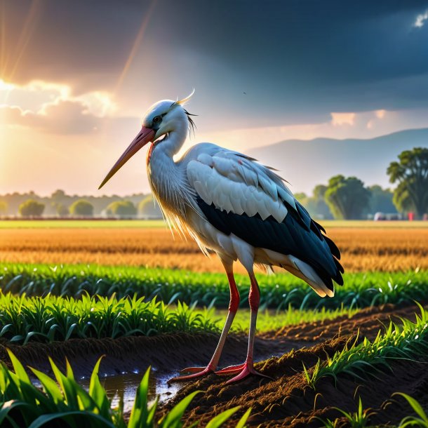 Foto de um choro de uma cegonha no campo