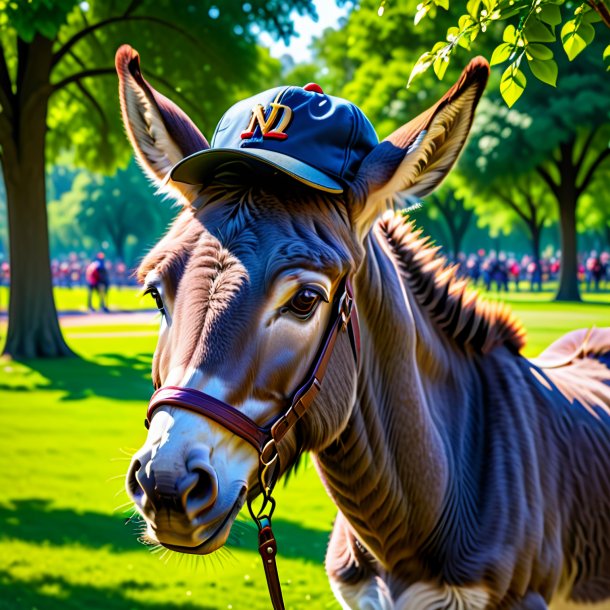 Imagem de um burro em um boné no parque